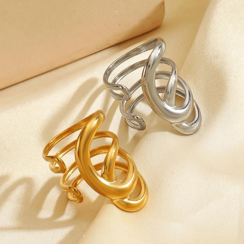 AiTURE Chunky Rings For Women, Gold Silver Thumb Ring Asymmetrical Wavy Curve Ring Adjustable Non Tarnish Dainty Stainless Steel New Year Anniversary Birthday Jewelry Gift - Image 2